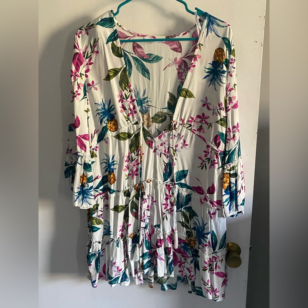 Blue Island Tropical Floral Women's Blouse - White, Pink, Green, Gold